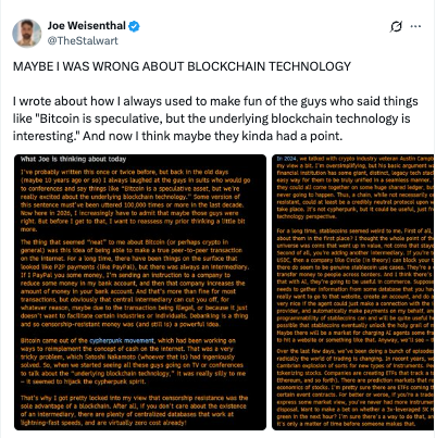 Screenshot of Bloomberg’s Joe Weisenthal (@TheStalwart) posting “MAYBE I WAS WRONG ABOUT BLOCKCHAIN TECHNOLOGY,” alongside quoted text about “blockchain tech is interesting” and neutral chains for crypto derivatives such as Hyperliquid. It supports the accompanying post’s claim that he now sees blockchain-based trading platforms as a potential bridge between traditional finance and crypto.