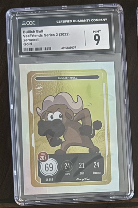 A CGC-graded 'Bullish Bull' VeeFriends Series 2 (2022) zerocool Gold card is shown in a protective slab with a Mint 9 rating and a score of 69.