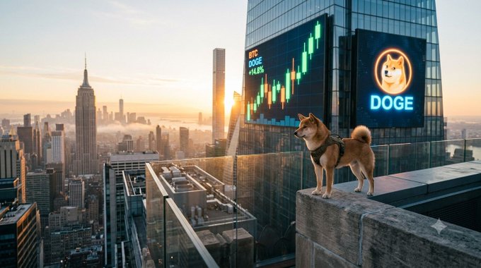 A Shiba Inu dog stands atop a New York City skyscraper at sunset beside glowing screens displaying "BTC," "DOGE," a green candlestick chart, and a Dogecoin logo, visually capturing the post's theme of institutional validation ($1.9T T. Rowe Price defending DOGE) and the meme coin's surprisingly resilient $0.07 price floor amid whale accumulation.