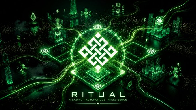 A promotional graphic for 'RITUAL - A Lab for Autonomous Intelligence' featuring a glowing green geometric logo with intricate connections over a dark cityscape.