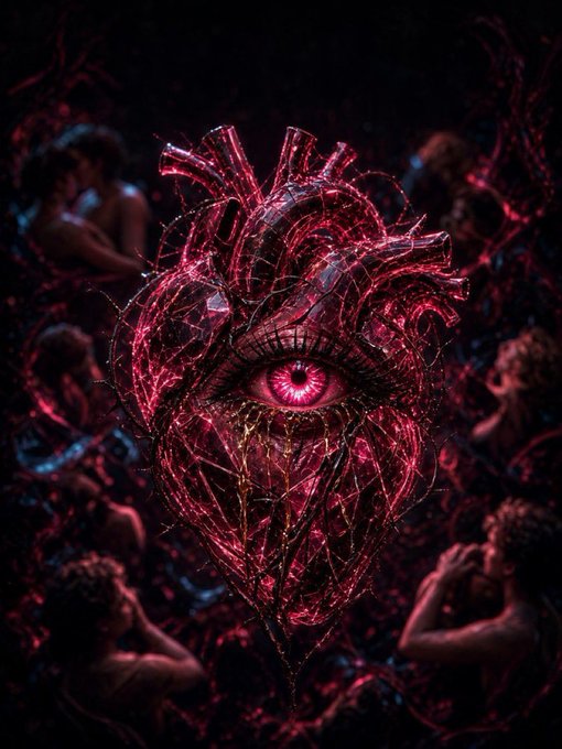 A dark, surreal digital artwork featuring an anatomical heart with a detailed eyeball where it should be, set against a background of shadowy human silhouettes.