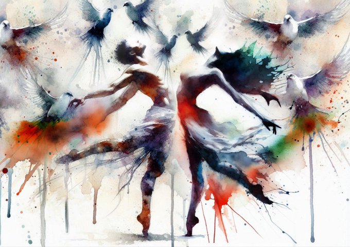 A vibrant watercolor painting depicting two ethereal figures in dynamic poses, surrounded by flying birds and explosive splashes of red, orange, and blue paint.