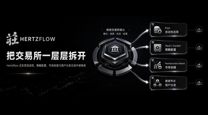 A dark-themed Chinese promotional graphic for 'HERTZFLOW' with the tagline '把交易所一层层拆开' (Taking apart the exchange layer by layer), illustrating components like Pool, Vault/Curator, Permissionless Market, and user distribution nodes.