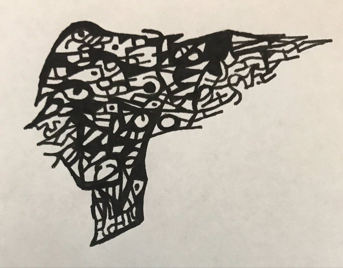 A black and white abstract drawing of a bird or shape filled with intricate patterns and Arabic calligraphy.
