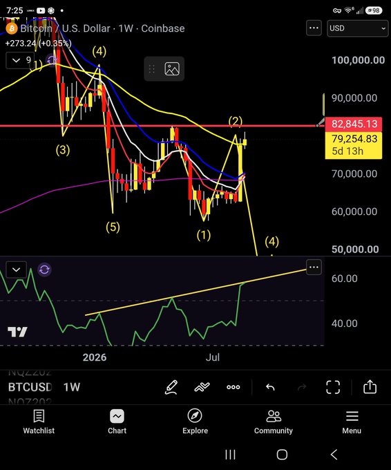 A TradingView chart of Bitcoin (BTCUSD) on a weekly timeframe shows the price dropping from around $100,000 toward $79,254.83, with Elliot Wave-style annotations labeling waves (1)-(5) and an upward trendline forming on the RSI indicator, suggesting an "EPIC" anticipated bounce or reversal.