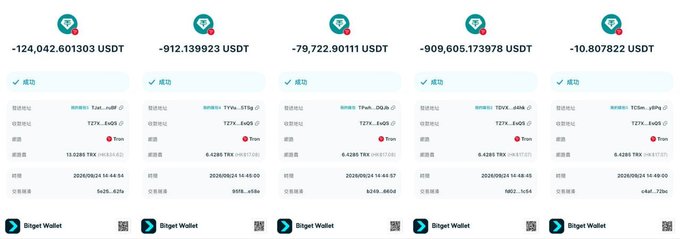 A screenshot showing five failed USDT (Tether) transactions on what appears to be a cryptocurrency wallet, with large negative amounts like '-124,042.601303 USDT' and '-909,605.173978 USDT'.