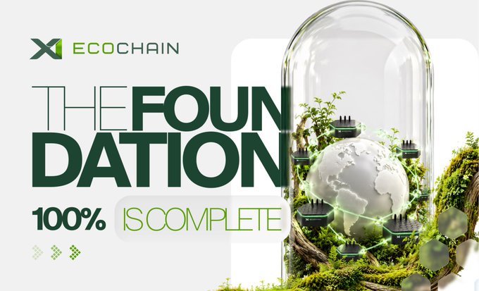 A promotional graphic for X1 EcoChain announces "THE FOUNDATION 100% IS COMPLETE," featuring a globe surrounded by green nodes inside a glass dome atop branches and greenery, representing the 9,100+ nodes across 65+ countries mentioned in the update.