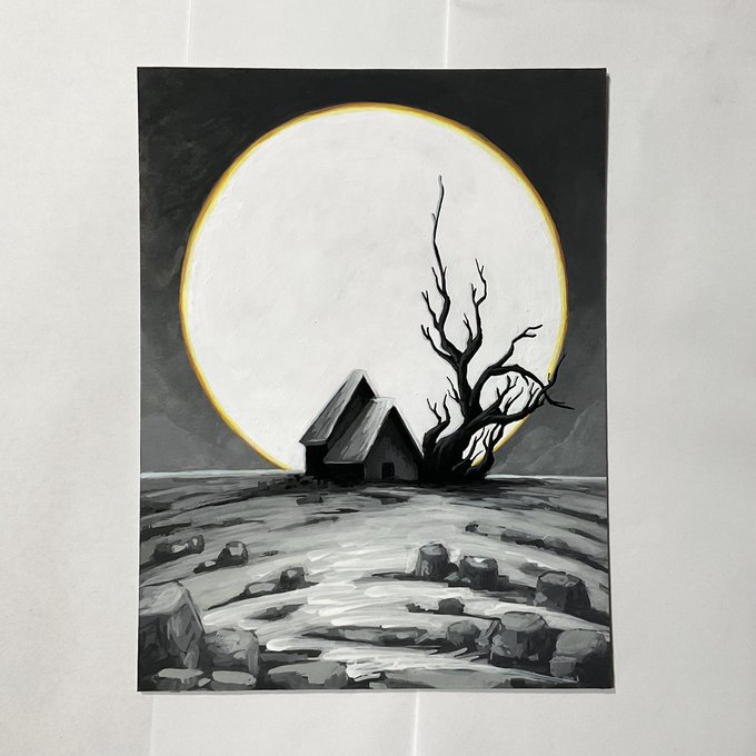A monochromatic acrylic painting depicting a small house and a bare, twisted tree silhouetted against a large bright full moon or sun in a barren, rocky landscape.