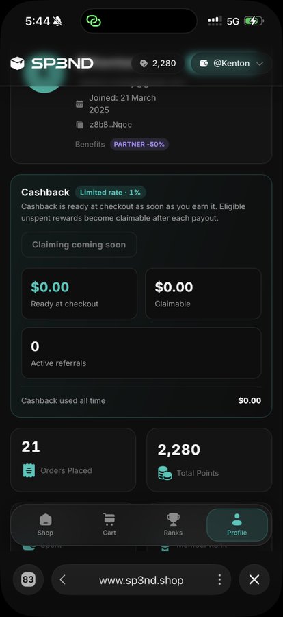 A mobile screenshot of the SP3ND shop app showing user @Kenton's profile with 21 orders placed, 2,280 total points, and a partner-50% benefit status.