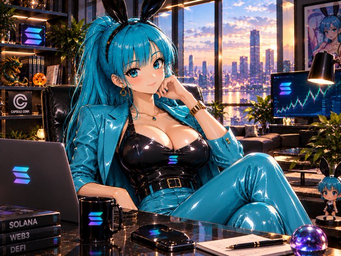 An anime-style illustration of a blue-haired girl with bunny ears in a cyberpunk office setting, featuring Solana, Web3, and DeFi books alongside charts and a Solana logo.