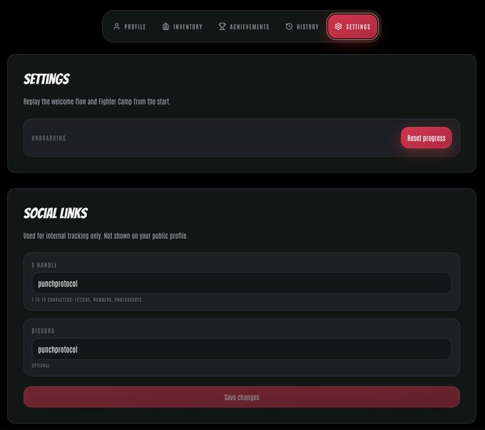 A dark-themed settings menu for a game or app showing tabs for Profile, Inventory, Achievements, History, and Settings, with a 'punchprotocol' X handle and Discord username entered.