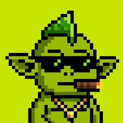 A pixel art illustration of a cool green goblin-like character wearing sunglasses, smoking a cigar, and sporting gold chains, styled in the "mfer" NFT aesthetic. The image complements the post's playful tone of sharing good news with the community, with the character's "chill" vibe matching the upbeat "gm friends" greeting.