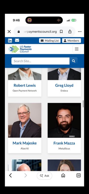 A screenshot of the US Faster Payments Council's members page on fasterpaymentscouncil.org shows photos and names of board members, including Frank Mazza representing Metallicus. The image aligns with the post's tag of @Metalliscus, highlighting Metallicus's involvement as a council member.