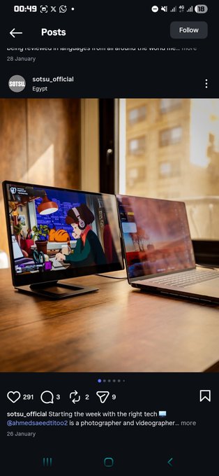 A screenshot of an Instagram post by 'sotsu_official' (Egypt) shows a dual-monitor and laptop setup displaying video editing software and cartoon content, with the caption 'Starting the week with the right tech'.