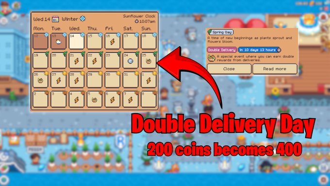 A gaming screenshot showing a calendar and a 'Double Delivery' pop-up, with overlaid red text reading 'Double Delivery Day 200 coins becomes 400'.