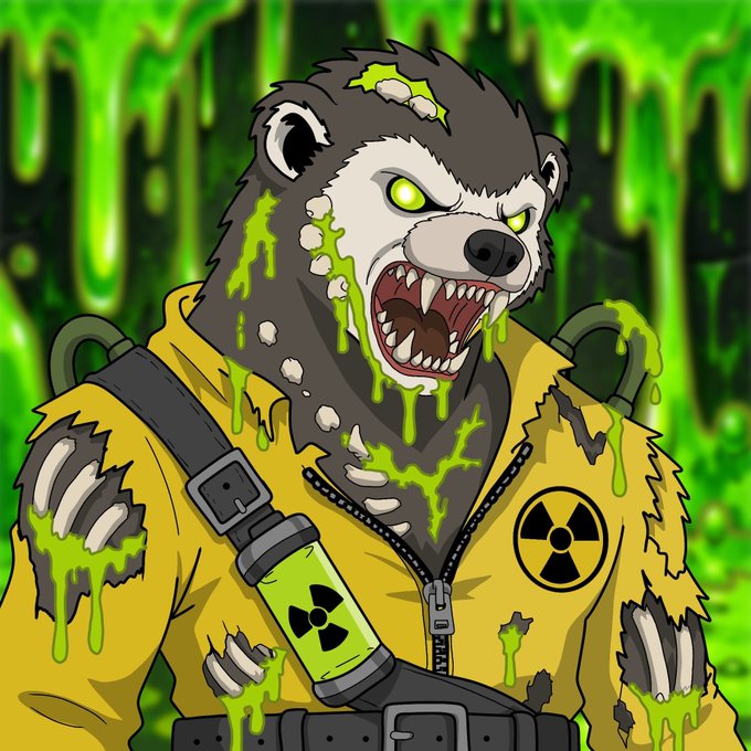 A cartoon illustration of a fierce, glowing-eyed bear wearing a yellow hazmat suit with radioactive symbols, covered in dripping green slime against a toxic green cityscape.