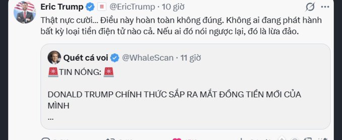 A tweet from Eric Trump (@EricTrump) responding to @WhaleScan in Vietnamese, calling the rumor about Donald Trump launching a new cryptocurrency 'completely false' and 'a scam.'