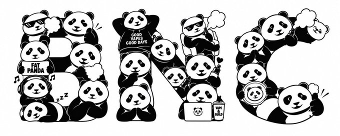 The image features the letters "BNC" creatively formed by stacked cartoon panda illustrations in a black-and-white style, with text including "FAT PANDA," "GOOD VIBES GOOD DAYS," and "FATPANDA" visible throughout. The playful panda character art, marked with the "FATPANDA / BNC" branding, fits the lighthearted and trendy aesthetic associated with the meme-inspired cryptocurrency token.