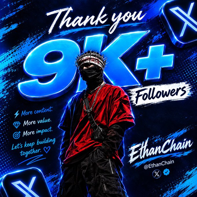 A person wearing a crown-like headpiece and face covering stands against a blue and red graphic background featuring "Thank you 9K+ Followers" text, along with the username "EthanChain" and "@EthanChain" branding. The celebratory "9K+" milestone design matches the post's announcement of reaching over 9,000 followers on X.
