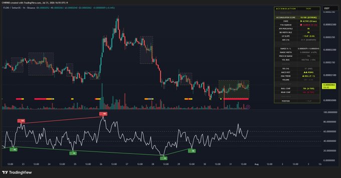 A TradingView chart displays FLoki (FLOKI) on the Binance USDT pair, illustrating a volatile price pattern with highlighted consolidation zones and oscillator signals.