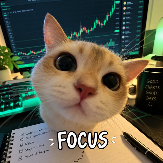 An orange tabby cat with wide, alert eyes stares intently from behind a notebook labeled with trading tasks ("Watch charts," "Find opportunities," "DYOR," "Stay positive," "Make it happen") and a mug reading "Good Charts, Good Days," while a green candlestick chart climbs on the monitor behind it—perfectly capturing the "Wake up. The charts are moving" vibe of staying focused on the markets.