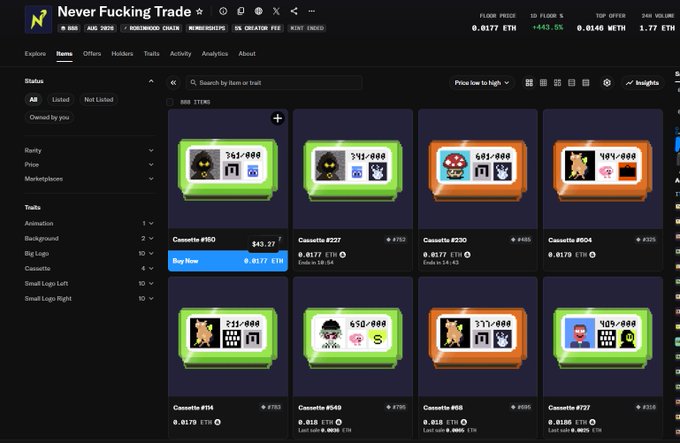 Screenshot of an NFT/cryptocurrency marketplace titled 'Never Fucking Trade' displaying various cassette-style digital collectibles for sale in ETH and WETH.