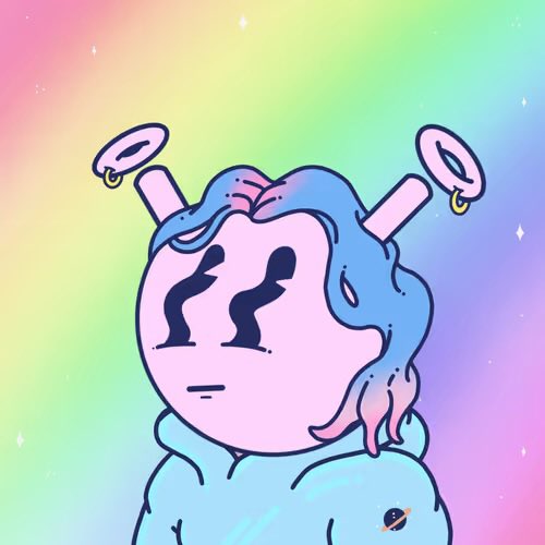 Cute cartoon character with pink skin, blue dripping hair, and halo-like rings on antennae, set against a pastel rainbow gradient background.