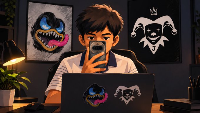 Anime-style illustration of a brown-haired boy taking a mirror selfie with his phone while sitting at a laptop displaying stickers, with cartoon monster and jester posters on the wall behind him.