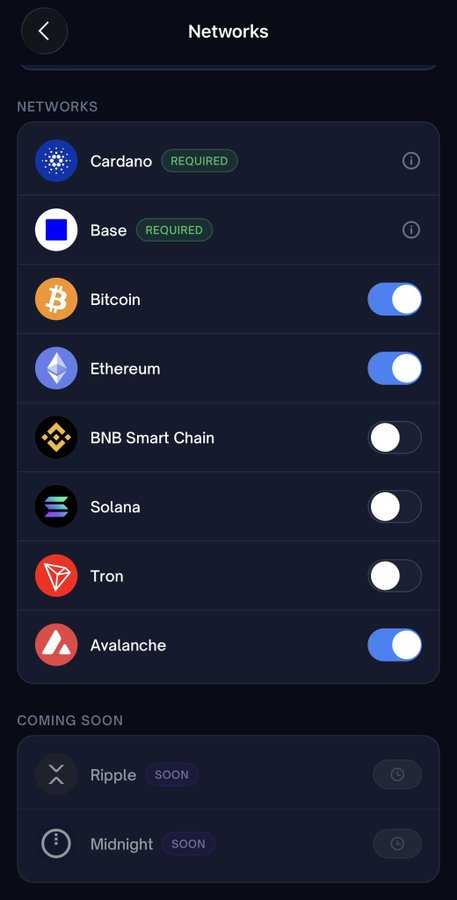 The image shows a phone screen displaying a list of cryptocurrency options, including Bitcoin, Etherum, BNB Smart Chain, and Binance Coin. The user interface has a dark blue background with white text that provides information about each cryptocurrency option. The post mentions that Cardano is upgrading to Binance Coin, which could be related to the display on the phone screen.