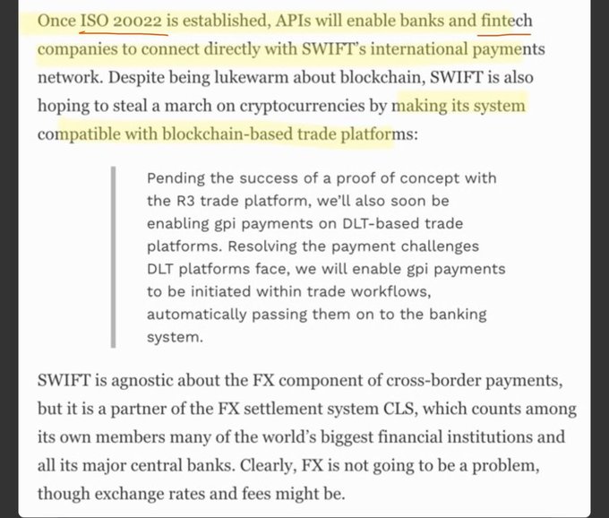 The image is a highlighted text excerpt discussing SWIFT's ISO 20022 integration and plans to make its system compatible with blockchain-based trade platforms, including a quote about enabling gpi payments on DLT-based platforms after a proof of concept with R3. This supports the accompanying post's theme by highlighting SWIFT's move toward blockchain compatibility and direct fintech connectivity, which is relevant to Ripple's ($XRP) role in the cross-border payments space.