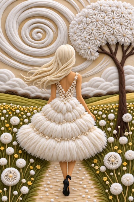 A textured relief-style artwork shows a blonde woman in a flowing white tiered dress walking through a field of dandelions toward a stylized white tree under a swirling sky.