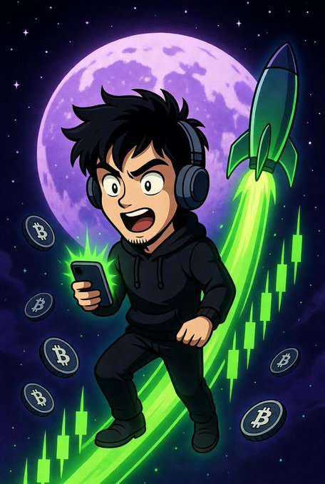 A cartoon illustration of a man with headphones looking at his phone with an excited expression, set against a starry night sky with a purple moon, a rocket, Bitcoin coins, and a green rising chart line.