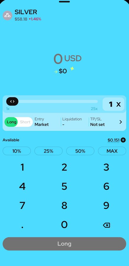 A mobile trading interface for SILVER at $58.18 (+1.46%) displays a clean, minimal design with a bright cyan background, featuring a $0 USD input field, 1x leverage selector, Long/Short toggle, available balance of $0.151, and a numeric keypad above a prominent "Long" button. The interface exemplifies the "clean by design" philosophy through its intuitive layout, placing essential trading controls—position direction, leverage, available funds, and execution button—exactly where a user would expect them.