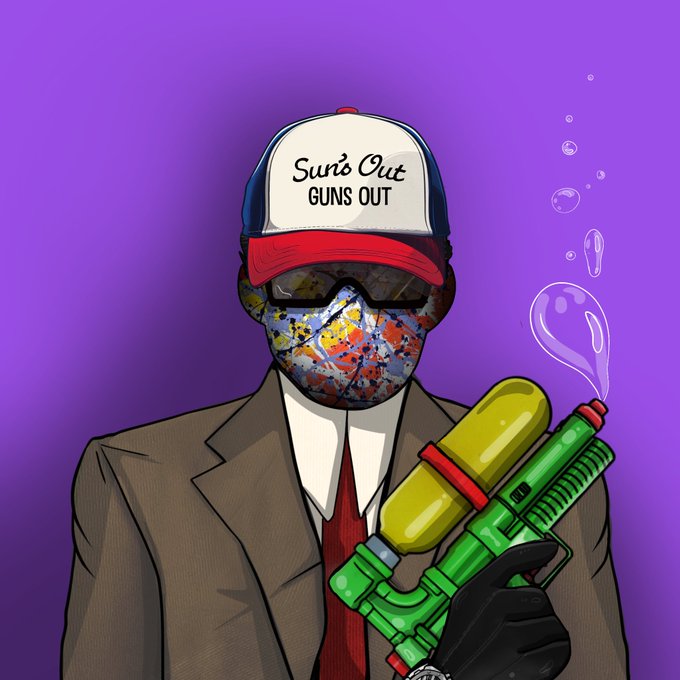 A digital artwork of a figure in a suit and red tie wearing a paint-splattered mask and a 'Sun's Out GUNS OUT' trucker hat while holding a green and yellow bubble gun.