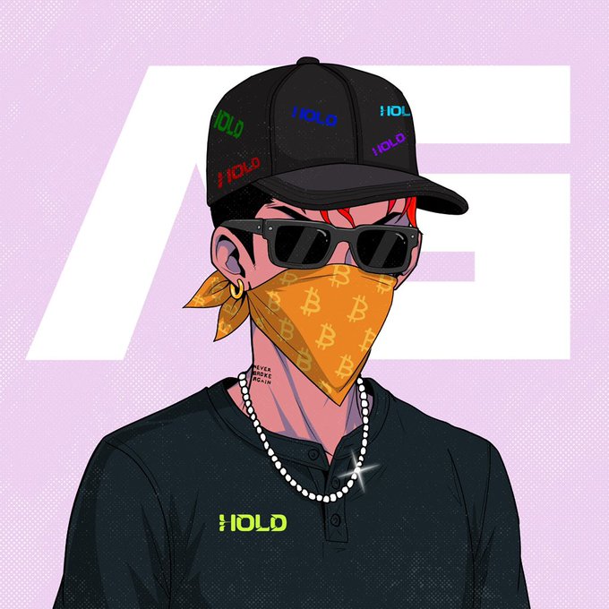 A stylized illustration of a man wearing a black cap and shirt branded with "HOLO" text, dark sunglasses, a Bitcoin-patterned orange bandana, and a pearl necklace with a cross pendant, set against a light purple background featuring a large white "A" logo. The "HOLO" branding and Bitcoin-themed accessories tie into the "gm nfts" post by representing the crypto and NFT culture associated with that greeting.