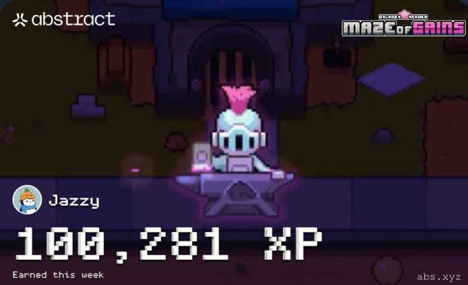 The image shows a pixelated knight character named "Jazzy" in front of a dungeon gate from the "Maze of Grains" game by Overclock, celebrating 100,281 XP earned this week, tying into the post's mention of another great week with OCH.