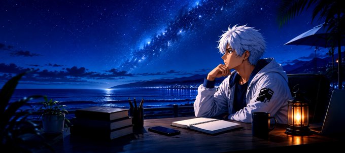 An anime-style illustration of a white-haired young man in a hoodie sitting at a desk by a beach at night under a starry sky, with books, a notebook, and a glowing lantern beside him.