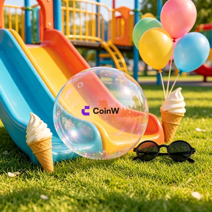 A CoinW promotional image featuring a transparent bubble with the CoinW logo, placed on grass alongside ice cream cones, sunglasses, colorful balloons, and a playground slide.