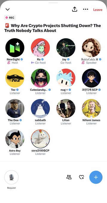 A Twitter Space recording interface titled 'Why Are Crypto Projects Shutting Down? The Truth Nobody Talks About' showing hosts NewSight and Ra, co-host Jay, and speaker RukiaCakle, along with several listeners including Tez, Cutexiandby, nug, and others.