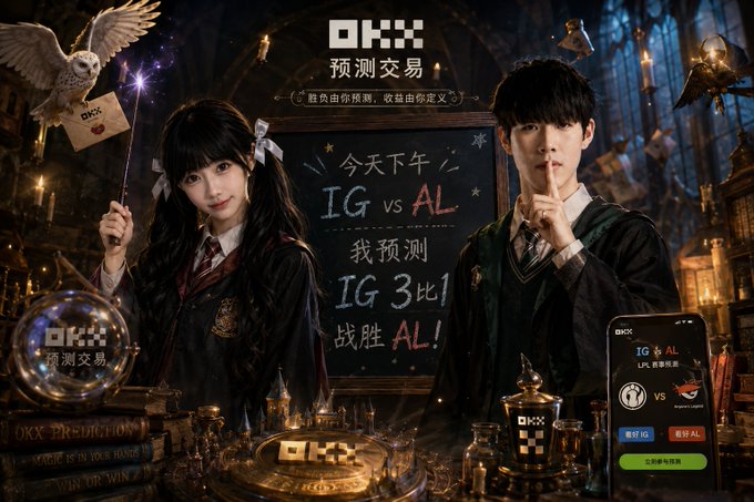 An advertisement features a young woman and man in Harry Potter-style wizard attire in a magical setting with an owl, with text 'OKX 预测交易', '今天下午 IG vs AL', and '我预测 IG 3比1 战胜 AL!'.