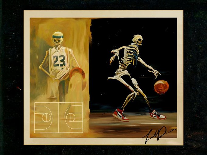 A framed painting depicting a basketball player skeleton dribbling a ball in red sneakers, with a portrait of a player wearing jersey number 23 and "DD" logo in the corner, signed by the artist.