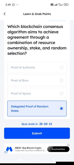 A screenshot of a mobile quiz titled "Learn & Grab Points" asks which blockchain consensus algorithm uses resource ownership, stake, and random selection, with "Delegated Proof of Random Stake" selected as the answer. This directly matches the provided text indicating that the answer for August 10th, 2026, is option C (Syntax Vault).