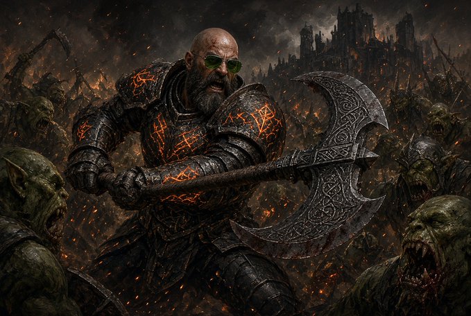 A dramatic fantasy illustration of a bald, bearded warrior wearing sunglasses and dark armor with glowing orange cracks, wielding a large ornate battle axe while standing among a horde of green-skinned orcs in front of a burning castle.