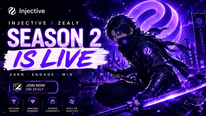 An Injective x Zealy promotional banner for Season 2 featuring a purple ninja warrior with a sword, with text 'IS LIVE' and 'JOIN NOW ON ZEALY'.