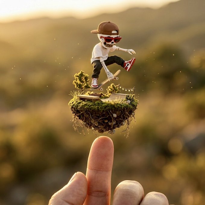 A surreal miniature diorama balanced on a fingertip, depicting a skeleton wearing a cap and sunglasses skateboarding off a small floating patch of grass against a blurred landscape background.