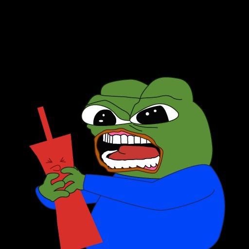 A cartoon illustration of an angry green frog with gritted teeth squeezing a red cup with a straw against a black background.