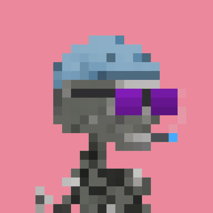 A pixel art rendering of a character in a dark suit and helmet with a glowing purple visor against a solid pink background.