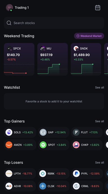 A stock trading app interface titled 'Trading 1' shows 'Weekend Trading' with SPCX, MU, and SNDK, along with 'Top Gainers' including SOLS, GAP, and AMZN, and 'Top Losers' such as LPTH and RBRK.
