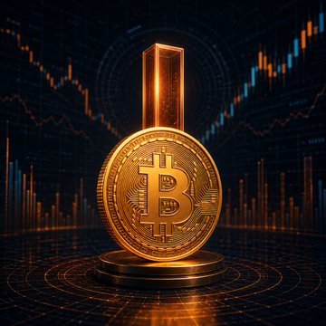 A golden Bitcoin token is displayed on a pedestal against a backdrop of orange financial candlestick charts. The image symbolizes the shifting crypto market dynamics referenced in the post, where altcoin perpetual futures open interest has overtaken Bitcoin's for the first time since December 2024.