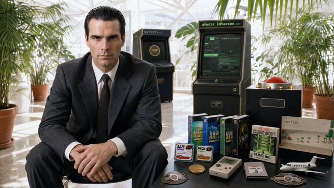 The image shows a man in a dark suit sitting among retro video game memorabilia—classic arcade cabinets, boxed games, and an Atari-style controller—evoking nostalgic 1990s gaming culture. It visually complements the post's upbeat shareholder update reporting dramatic NAV growth (+210.3%) and an accelerating compounding rate of 2.563x per week, using the vintage collectibles as a metaphor for appreciating, high-value holdings.

Key visible text includes "SPACE INVADERS," "ASTEROIDS," "ATARI," "AP" (appears twice), "PLANETARY," "ELS LUL, INC.," and "SPACE INVADERS" on the arcade cabinet.